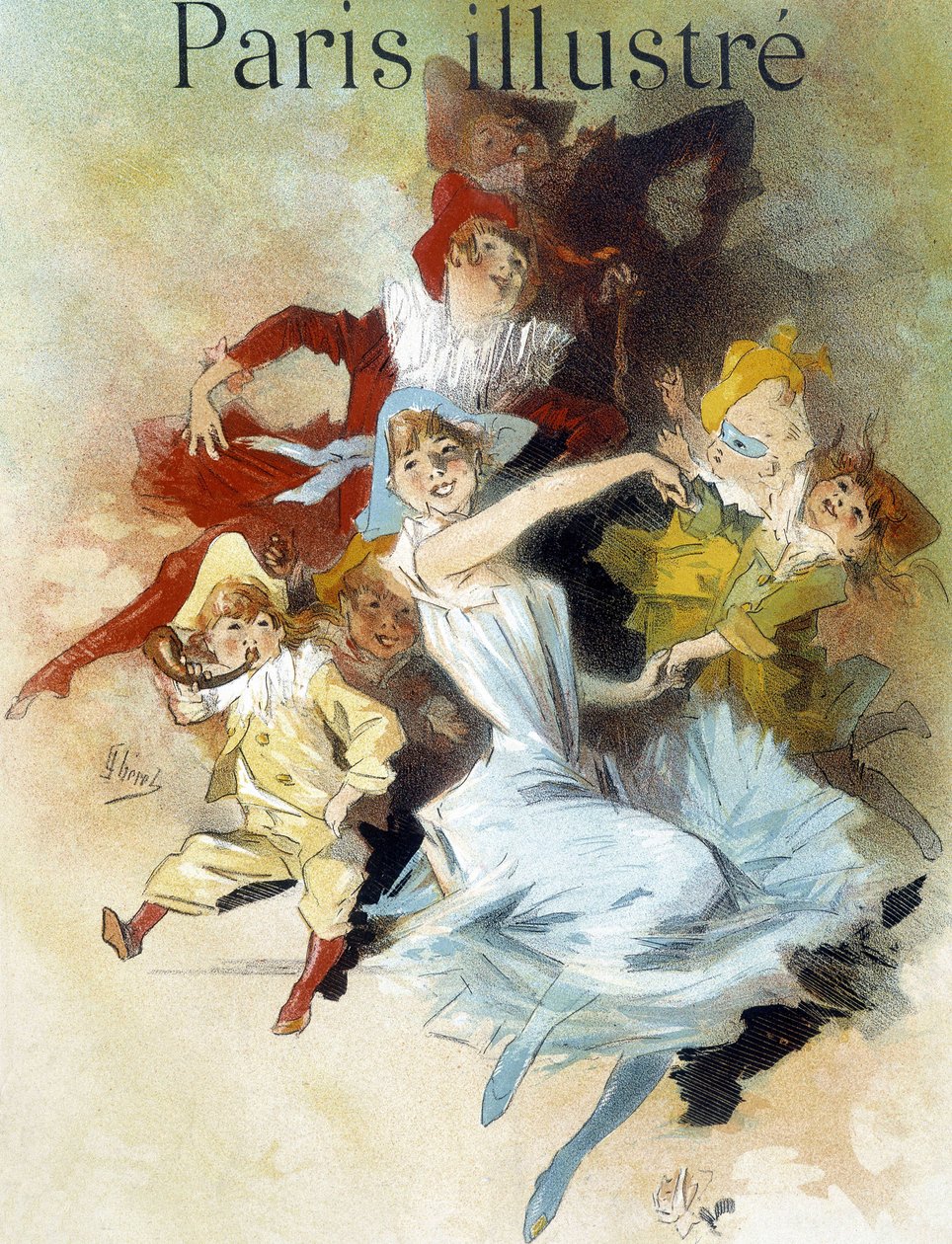 ボールマスク。シェレ（19世紀後半）が新聞「Paris illustrious」に掲載されたカーニバルのために描いたもの。 作： ジュール・チェレット