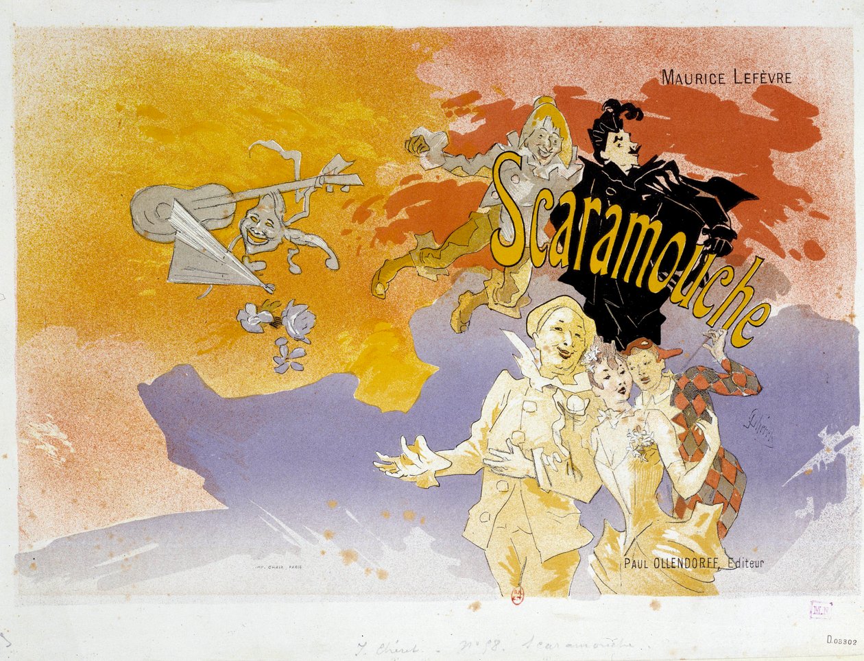 モーリス・ルフェーヴルの「スカラムーシュ」のブックカバー。ジュール・シェレ（1836-1932）によるイラストレーション 1891年 パリ、B.N. 作： ジュール・チェレット
