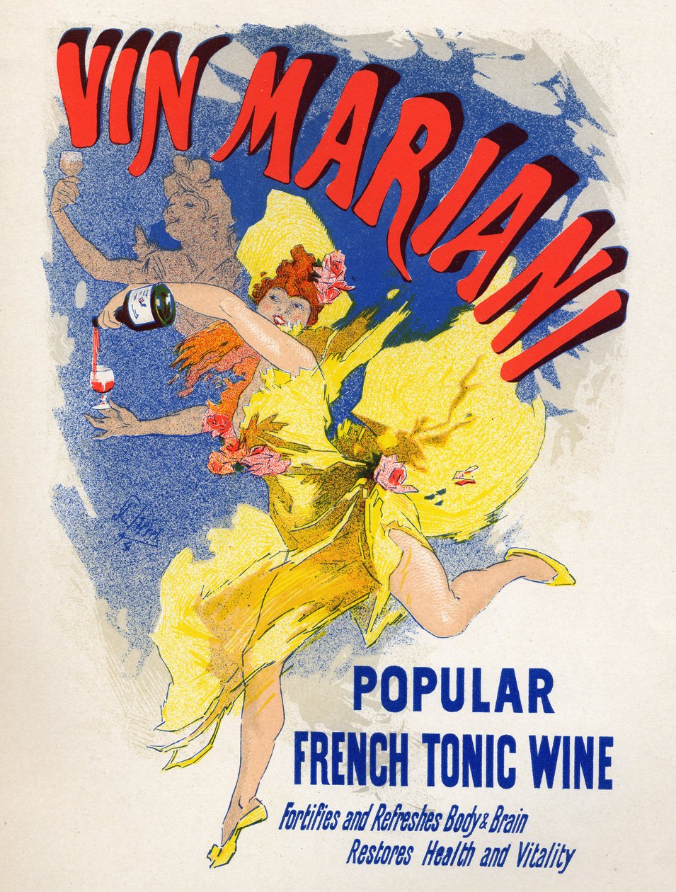 食べ物と飲み物。マリアーニのフレンチトニックワイン（初代コカワイン）。ジュール・シェレ（1836-1932）のポスター（フランス 作： ジュール・チェレット