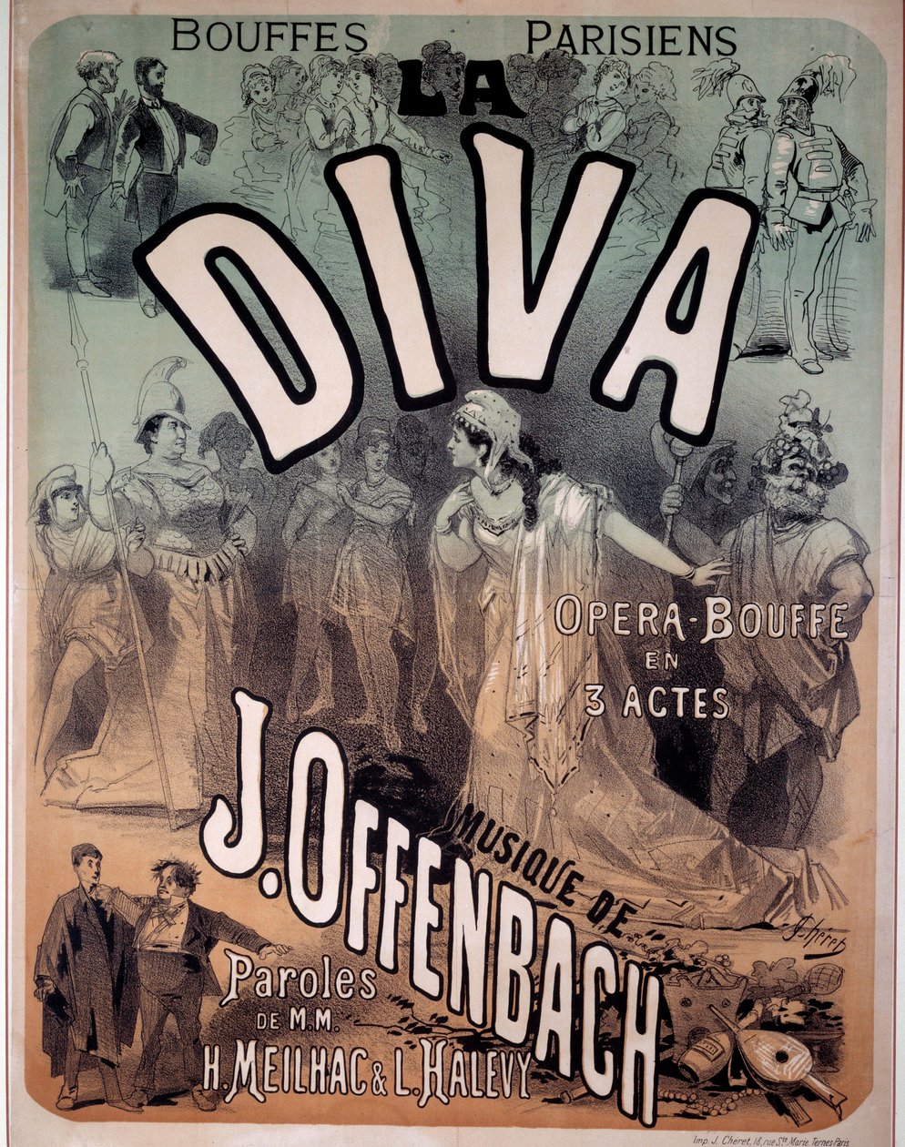 ジャック・オッフェンバック（1819-1880）の音楽によるパリのブッフでのオペレッタ「ディーバ」のポスター 作： ジュール・チェレット