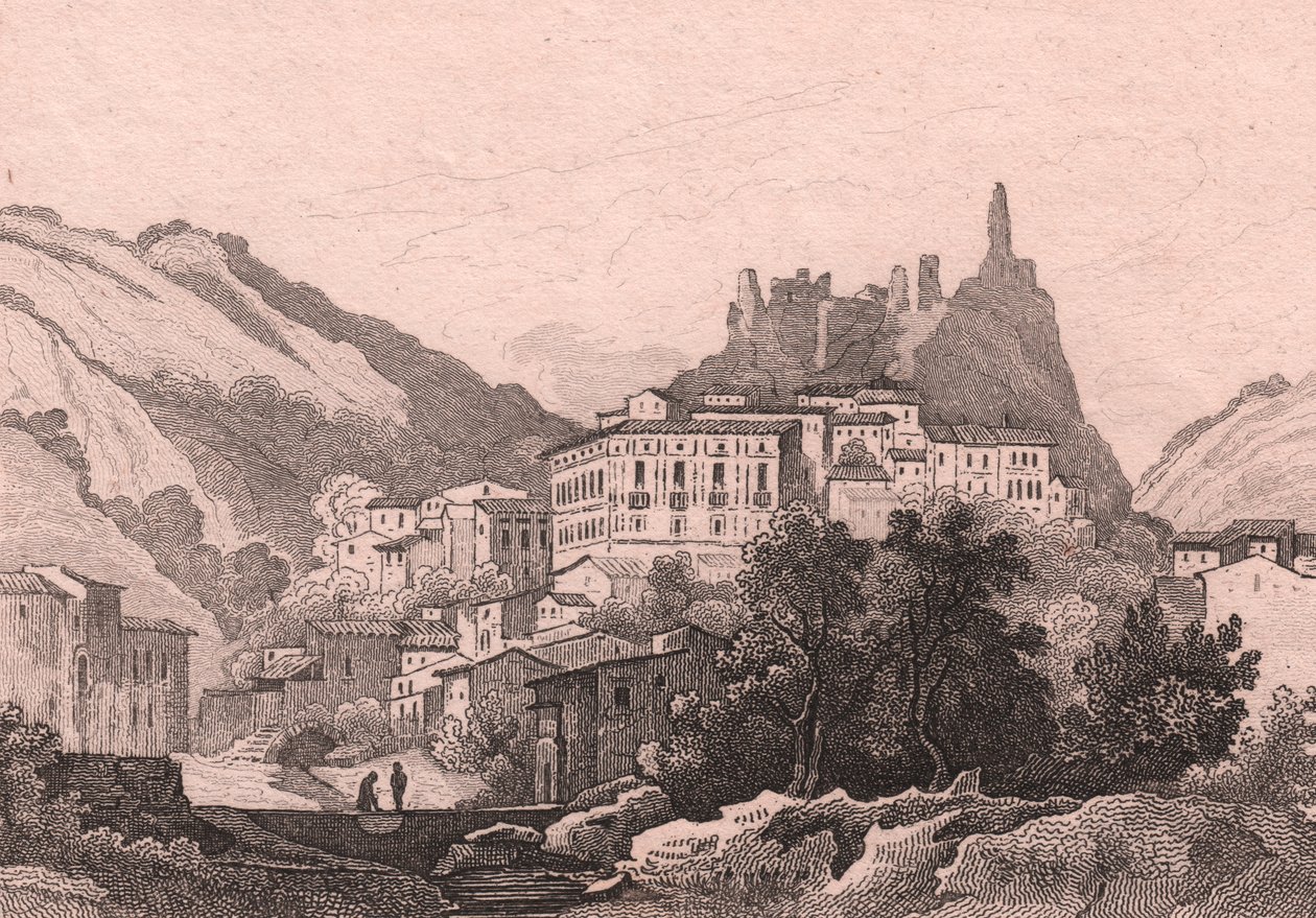 ニカストロ、カラブリア、イタリアの眺め、ジュール・コワグネ (1798-1860) による描画後のデュナイムによる鉄の彫刻、約 13x10 cm 作： ジュール・コイグネット
