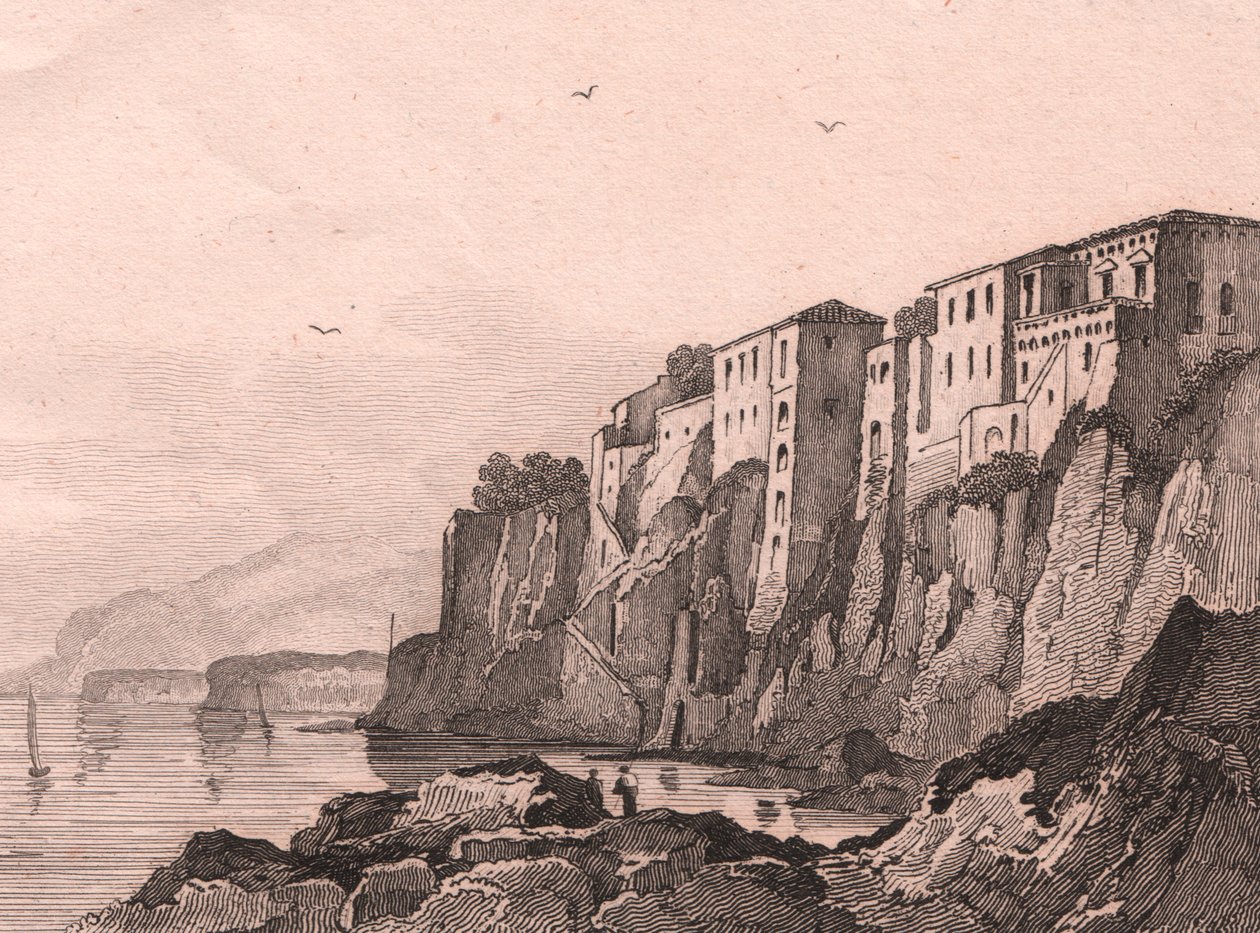 Torquato Tasso の家のあるソレントの眺め、カンパニア、イタリア、Jules Coignet (1798-1860) による描画後の Sauvage による鋼の彫刻、約 13x10 cm 作： ジュール・コイグネット