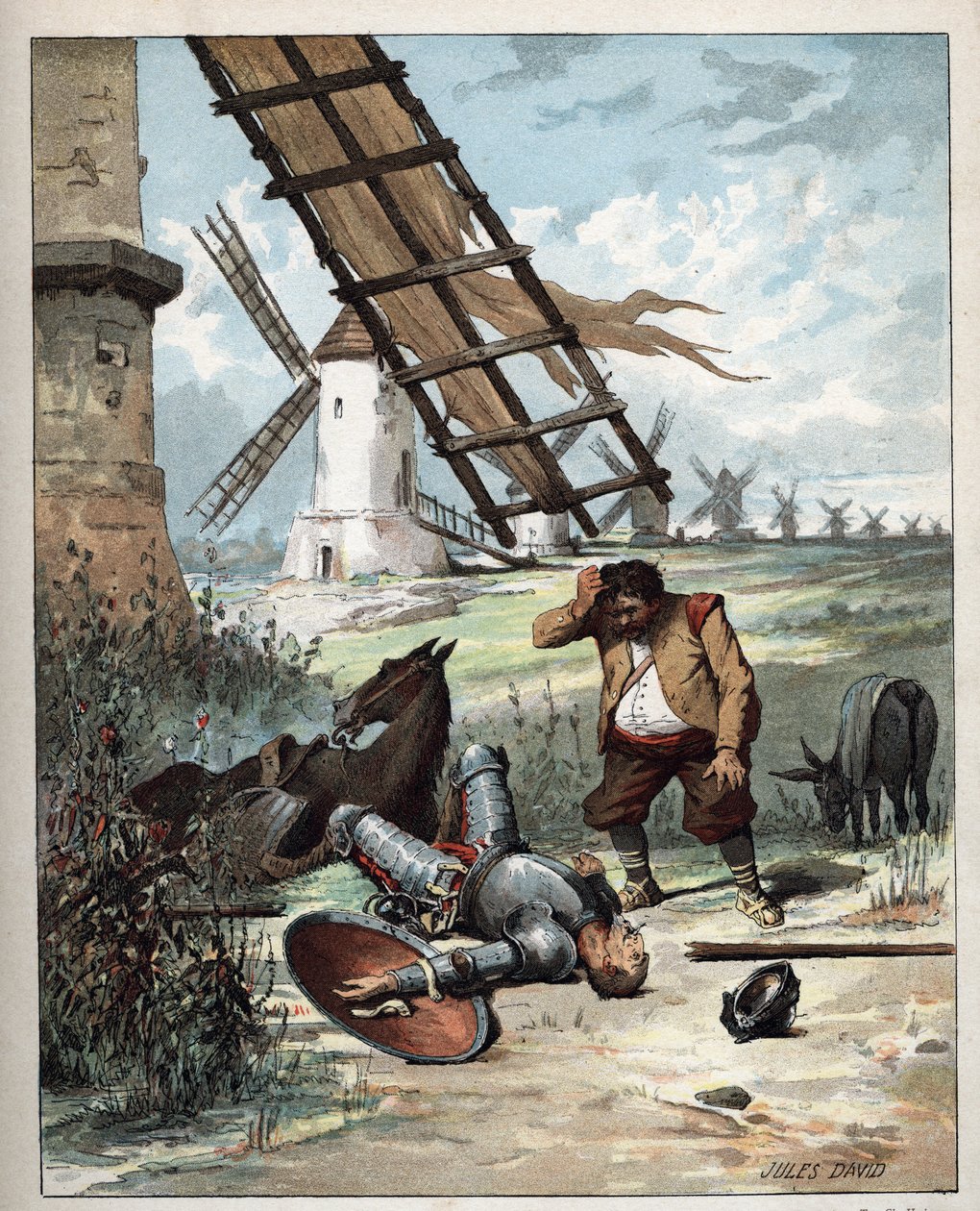 ドン・キホーテと風車 - Miguel de Cervantes Saavedra (1547-1616)のHistoire de Don Quixote (Don Quixote) - 1887 -より、Jules David (1808-1892)のイラスト。 作： ジュール・デイビッド
