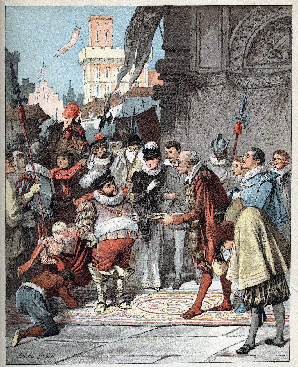 Sancho Panza wird zum Gouverneur der Insel Barataria ernannt - Illustration von Jules David aus „Histoire de Don Quixote“ von Miguel de Cervantes Saavedra - 1887 von Jules David