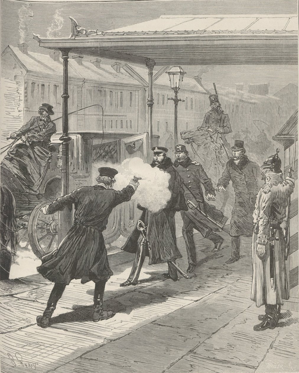 ミハイル・ロリス＝メリコフ伯爵の暗殺。 Le Monde Illustré、1880年より。 作： ジュール・フェラ