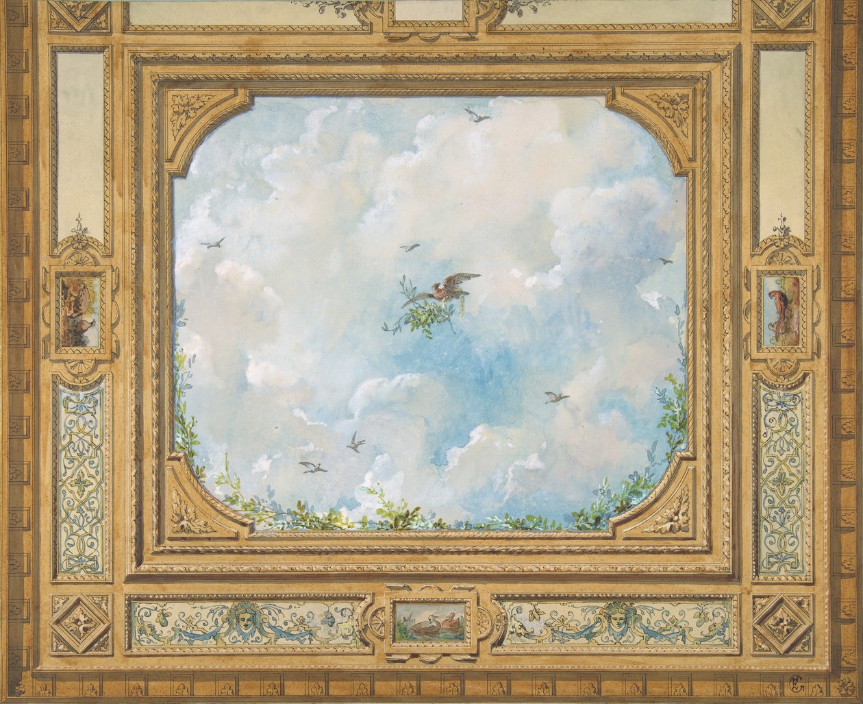 雲と鳥で飾られた天井のデザイン、1830～97年。 作成者: ジュール・エドモンド・シャルル・ラシェーズ、ウジェーヌ・ピエール・グルデ。 作： Jules Edmond CharlesLachaiseとEugenePierre Gourdet