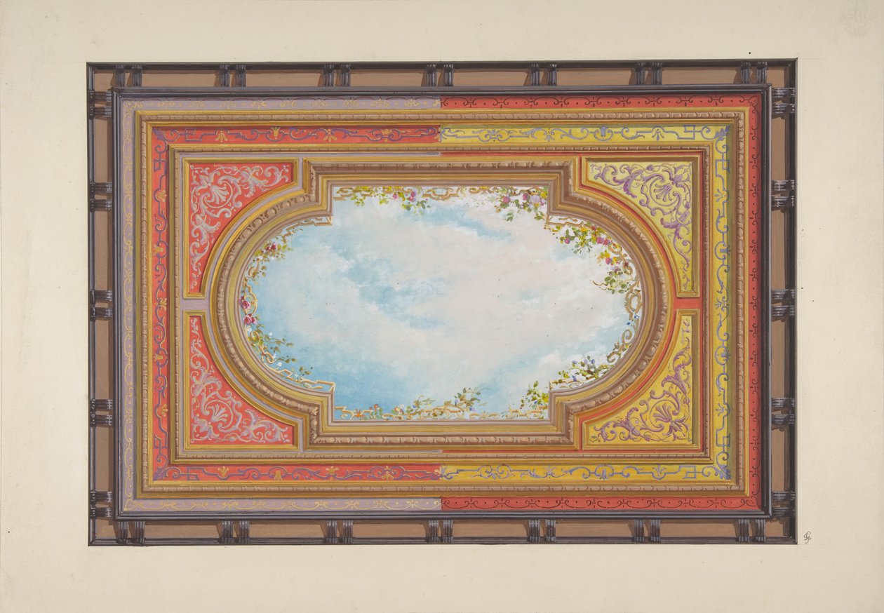 だまし絵の雲が描かれた天井のデザイン、1830～97年。 作成者: ジュール・エドモンド・シャルル・ラシェーズ、ウジェーヌ・ピエール・グルデ。 作： Jules Edmond CharlesLachaiseとEugenePierre Gourdet
