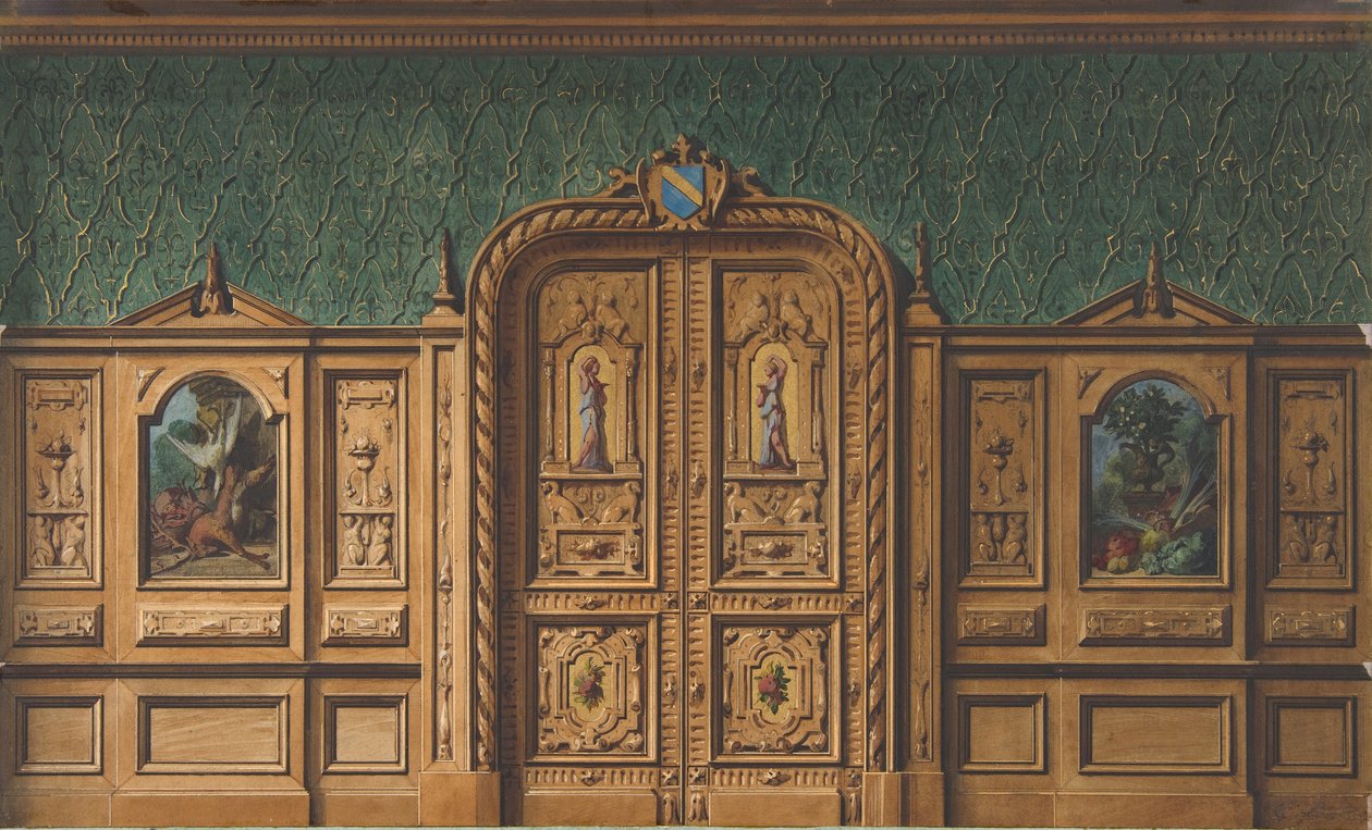 絵画がはめ込まれた木製パネルと重厚な彫刻が施された二重扉を持つ部屋のデザイン、1830-97年。クリエイター。ジュール＝エドモンド＝シャルル・ラシェス、ウジェーヌ＝ピエール・グーデ。 作： Jules Edmond CharlesLachaiseとEugenePierre Gourdet