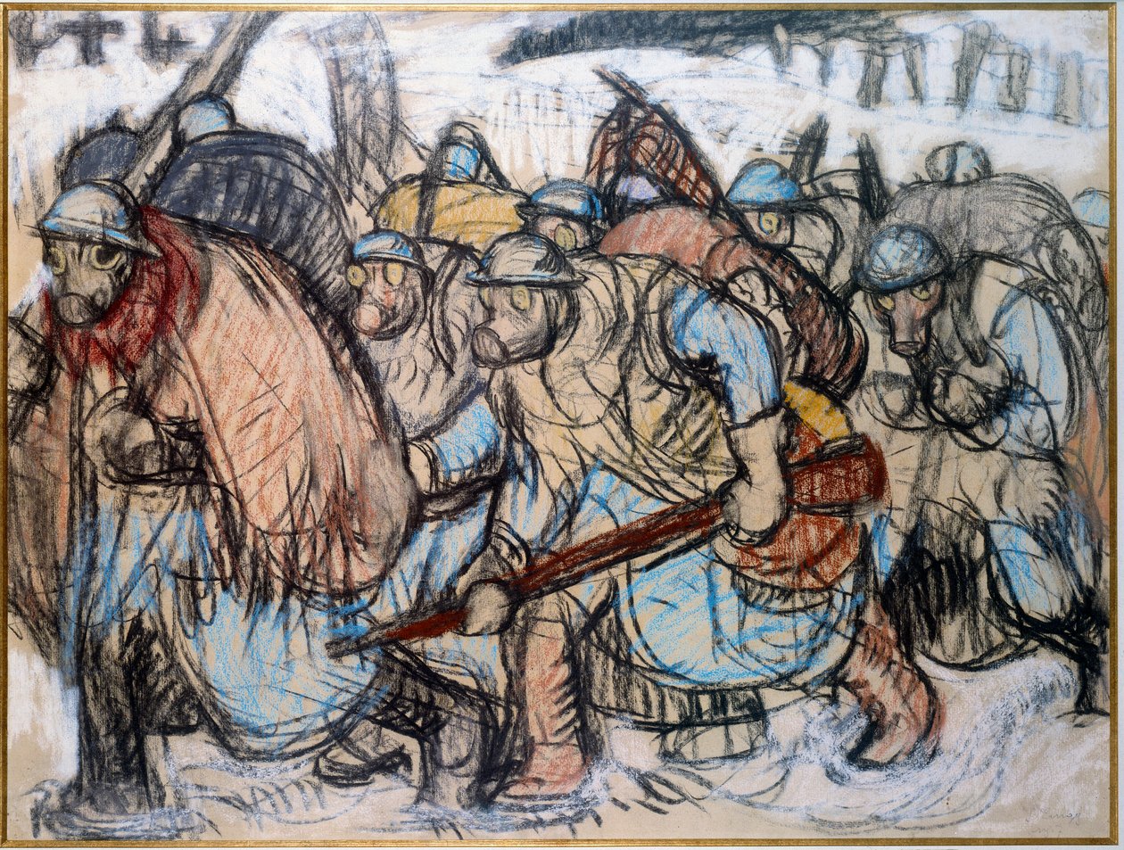 第一次世界大戦：「ガスマスクをかぶった兵士」。 ジング、ジュール・エミール (1882-1942) 作： ジュールスエミールジン