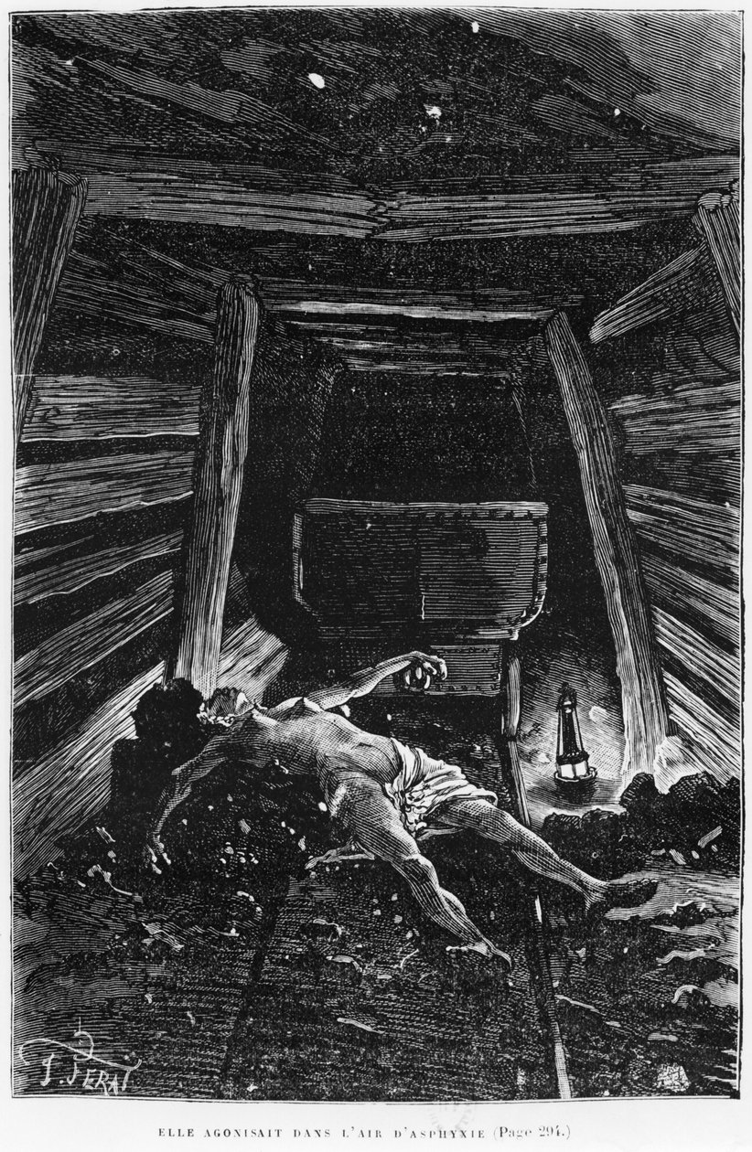 「彼女は窒息の空気で死にかけていました」、エミールゾラ（1840-1902）による「ジェミナル」のイラスト、欲望デュモン（19世紀）、1886年版の彫刻 作： ジュール・フェラ