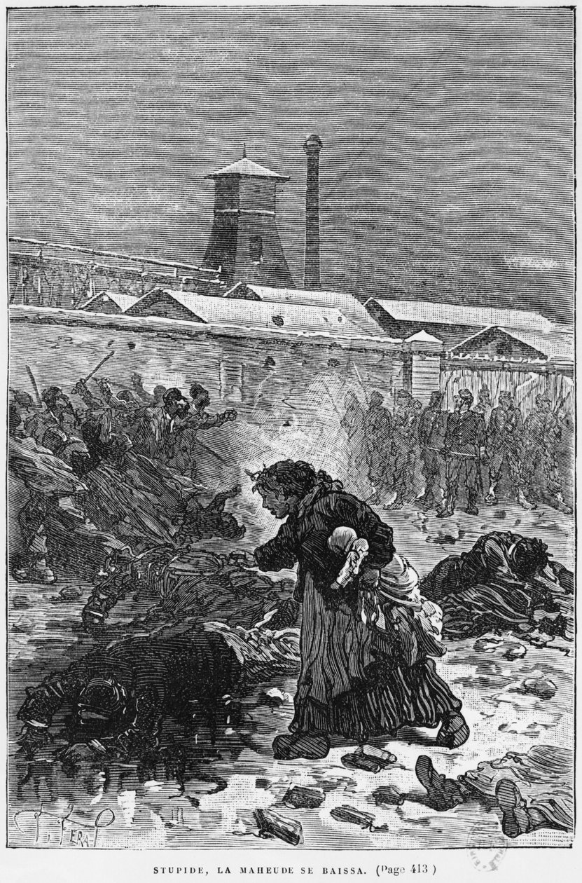 「Stupide、La Maheude se baissa」、エミールゾラ作「Germinal」（1840-1902年）のイラスト、欲望デュモン（19世紀）、1886年版 作： ジュール・フェラ