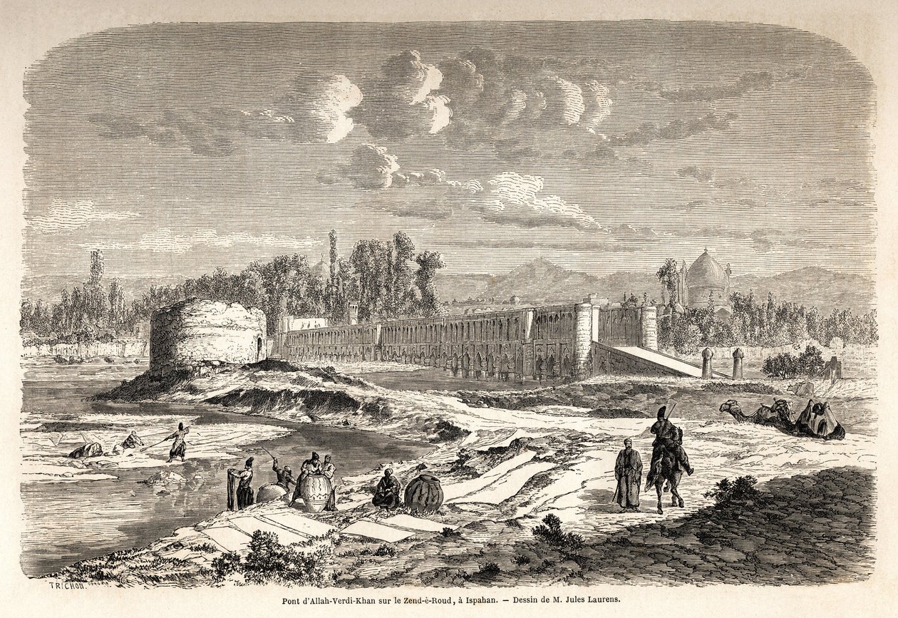 Die Brücke Allah Verdi Kahn, errichtet um 1608 in Isfahan (Iran), ist sowohl ein Übergangspunkt über den Fluss Zend e Roud als auch ein Damm zur Regulierung des Flussverlaufs, mit einem Talar oder Spiegelkiosk, wo der persische Herrscher beobachten konnte von Jules Joseph Augustin Laurens