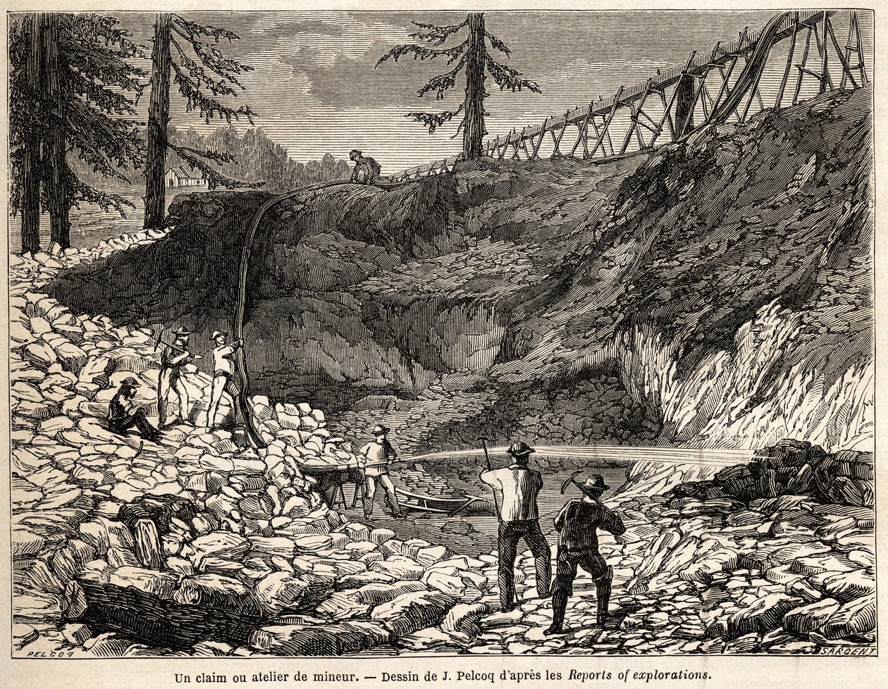 ジュール・ペルコックが、1850年から1852年にかけてのウォーガン男爵のカリフォルニア旅行の物語を説明するために描いたカリフォルニアの採掘場。パリの "Le tour du monde, nouveau journal des voyages "に掲載された版画。 作： ジュール・ペルコック