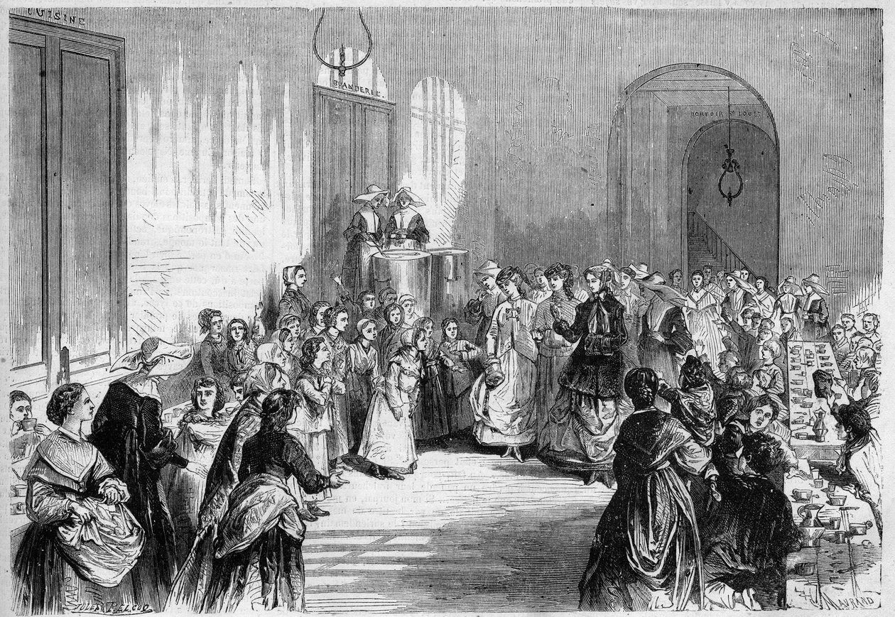 Die Kaiserin Eugenie de Montijo (1826-1920), Ehefrau von Napoleon III, beim Kinderessen im Speisesaal des Krankenhauses Eugene Napoleon nahe der Barriere du Trone in Paris. Nach einer Zeichnung von Jules Pelcoq. Gravur in „Das Illustrierte Universum“ von Jules Pelcoq