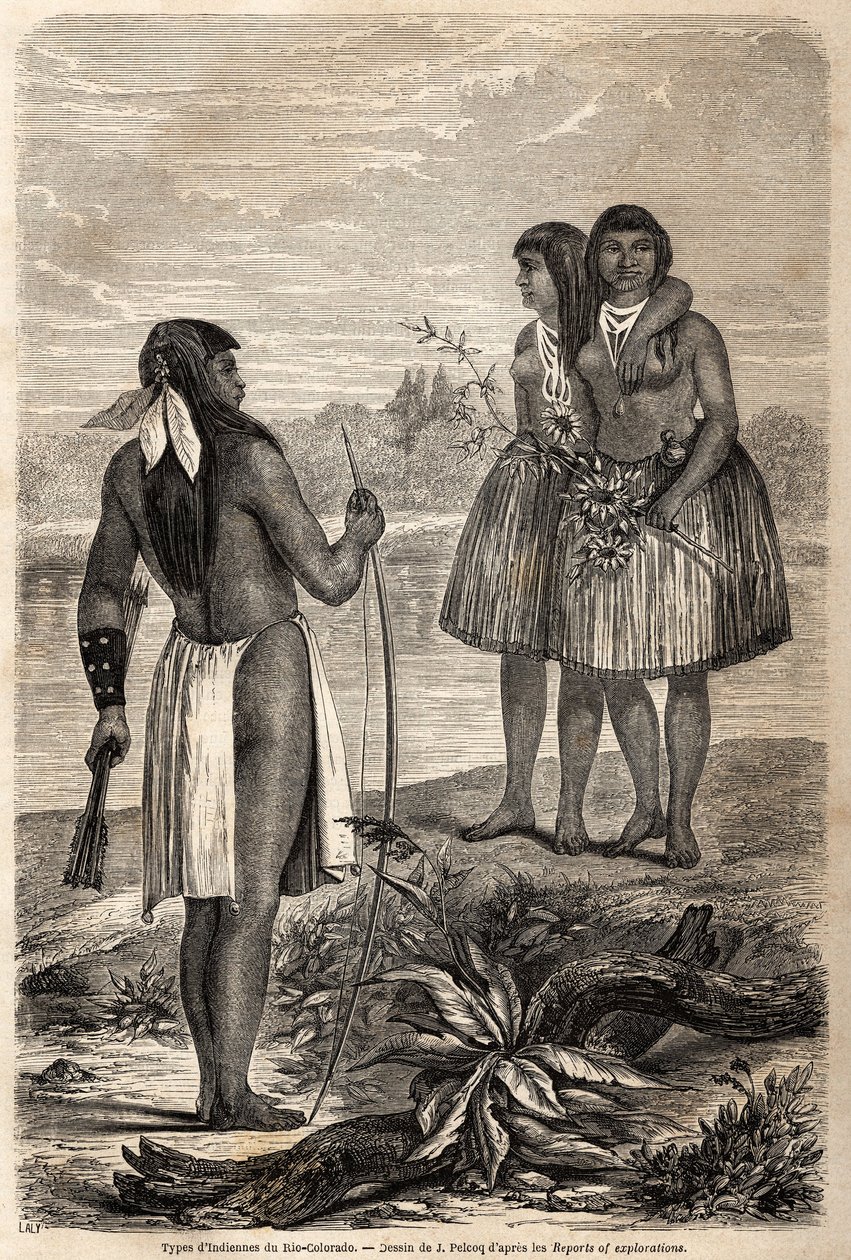 ジュール・ペルコックが1850年から1852年にかけてのウォーガン男爵のカリフォルニア旅行の物語を説明するために描いた、コロラド川のインディアンのタイプ。パリの "Le tour du monde, nouveau journal des voyages "に掲載された版画。 作： ジュール・ペルコック