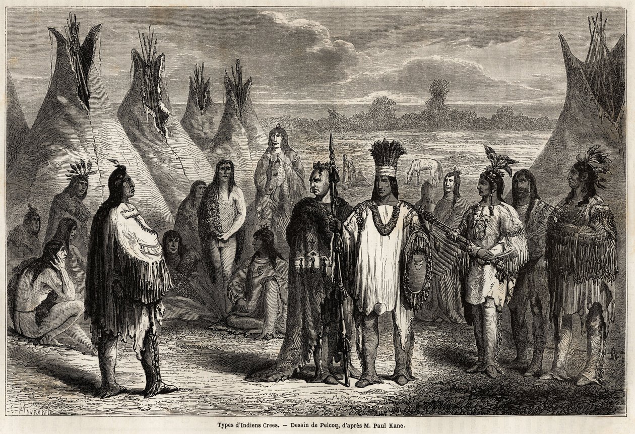 カナダのクリー族インディアンの種類、1857年から59年にかけてジョン・パリサー船長が行ったロッキー山脈の探検を説明するためにペルコックが描いたもの。パリの "Le tour du monde, nouveau journal des voyages "に掲載された版画。 作： ジュール・ペルコック