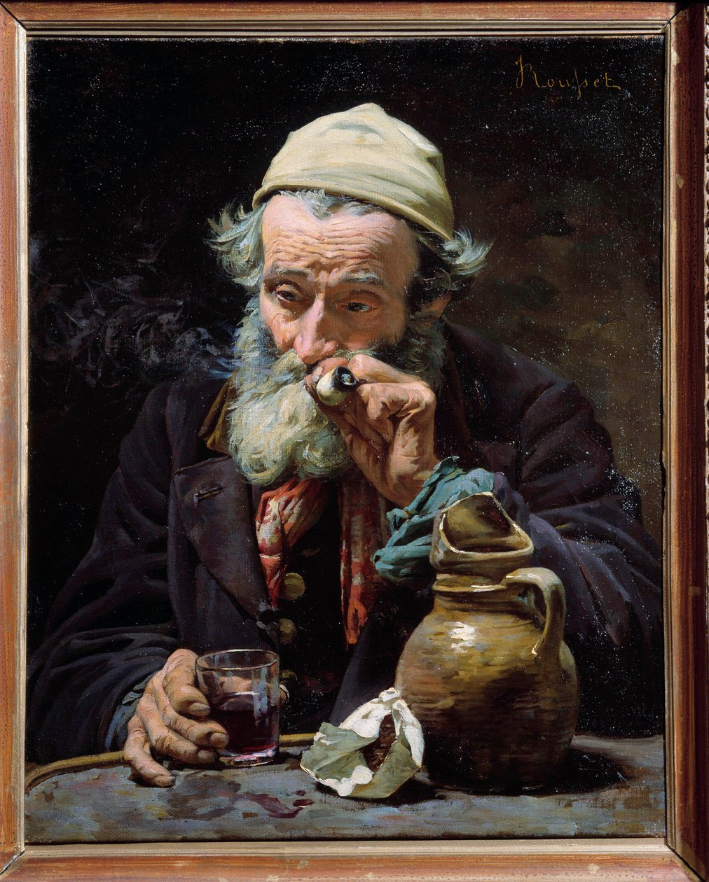 酒飲み パイプをふかし、グラスワインを飲む老人。 ジュール ルセ (1840-?) の絵画 19 世紀 オルレアン美術館、美術館 作： ジュール・ルセット
