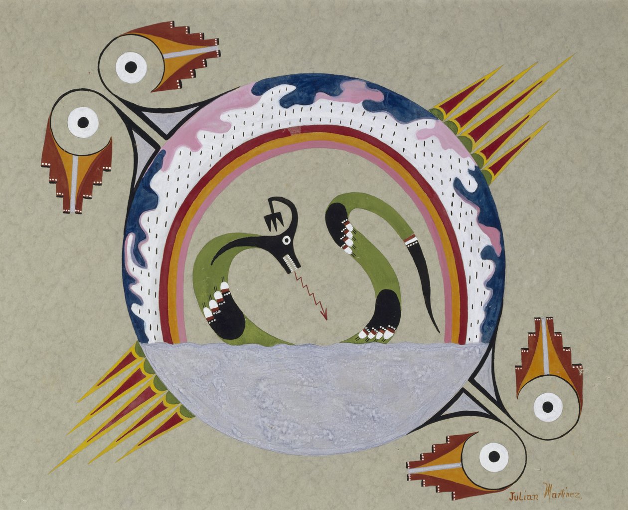記号の慣習化されたデザイン（Sacred Avanyu）、1930-40（紙の上のテンペラ） 作： ジュリアン・マルティネス