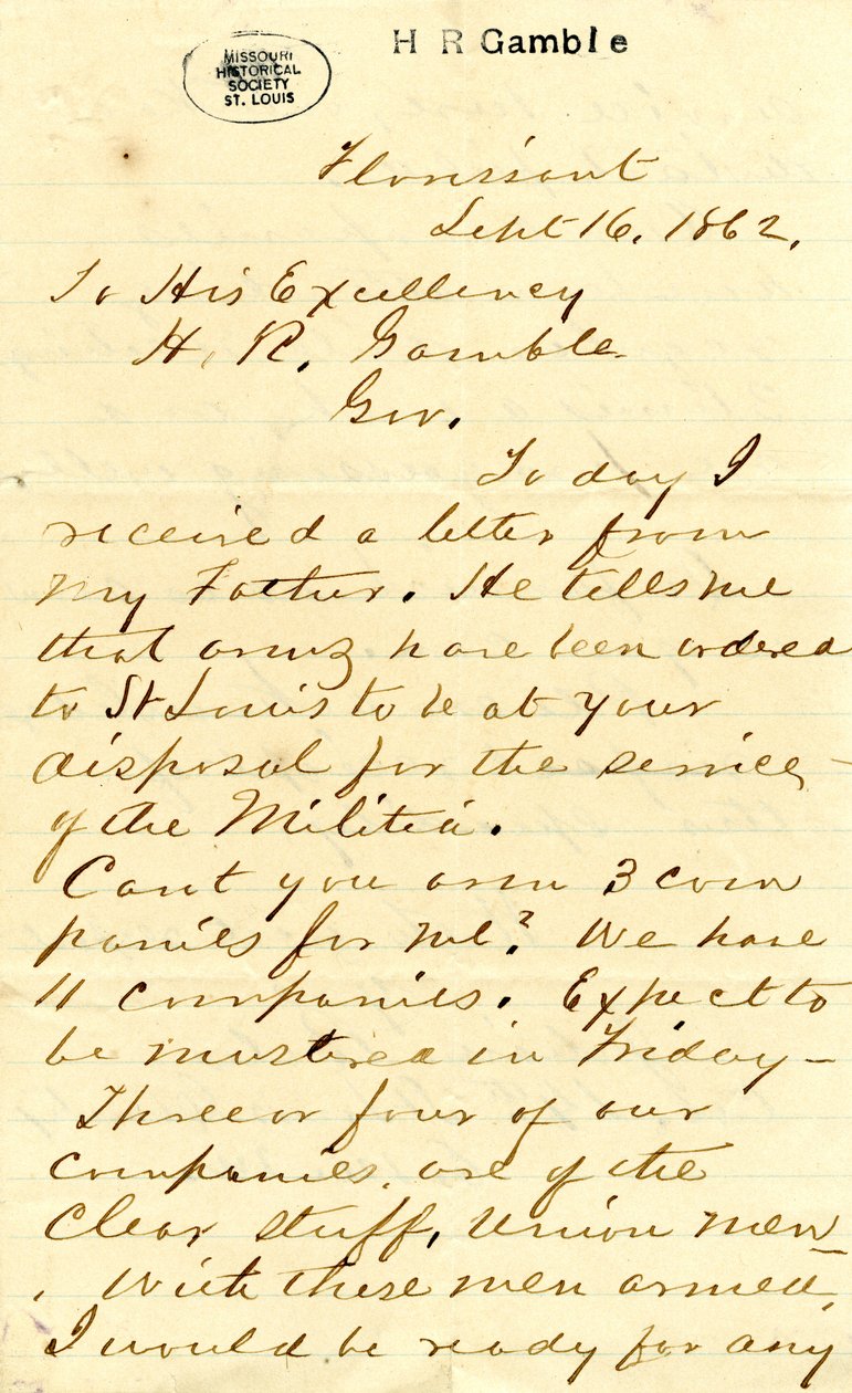 1862年9月16日、フロリサントのジュリアン・ベイツに署名した手紙を、閣下のH.R.ギャンブルに送る。 作： ジュリアンベイツ
