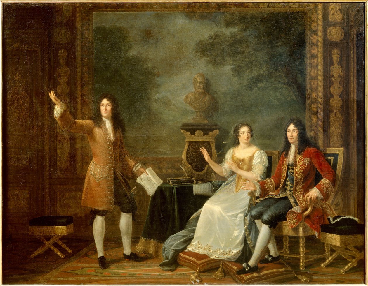 ジャン・ラシーヌ (1639-1699) は、ルイ 14 世 (1638-1715) とメンテノン侯爵 (マダム) のフランソワーズ・ドービーニュ (1635-1719) の前で「アタリー」を読んでいます。 ジュリー・フィリポール (1780-1834) の絵画 作： ジュリーフィリポー