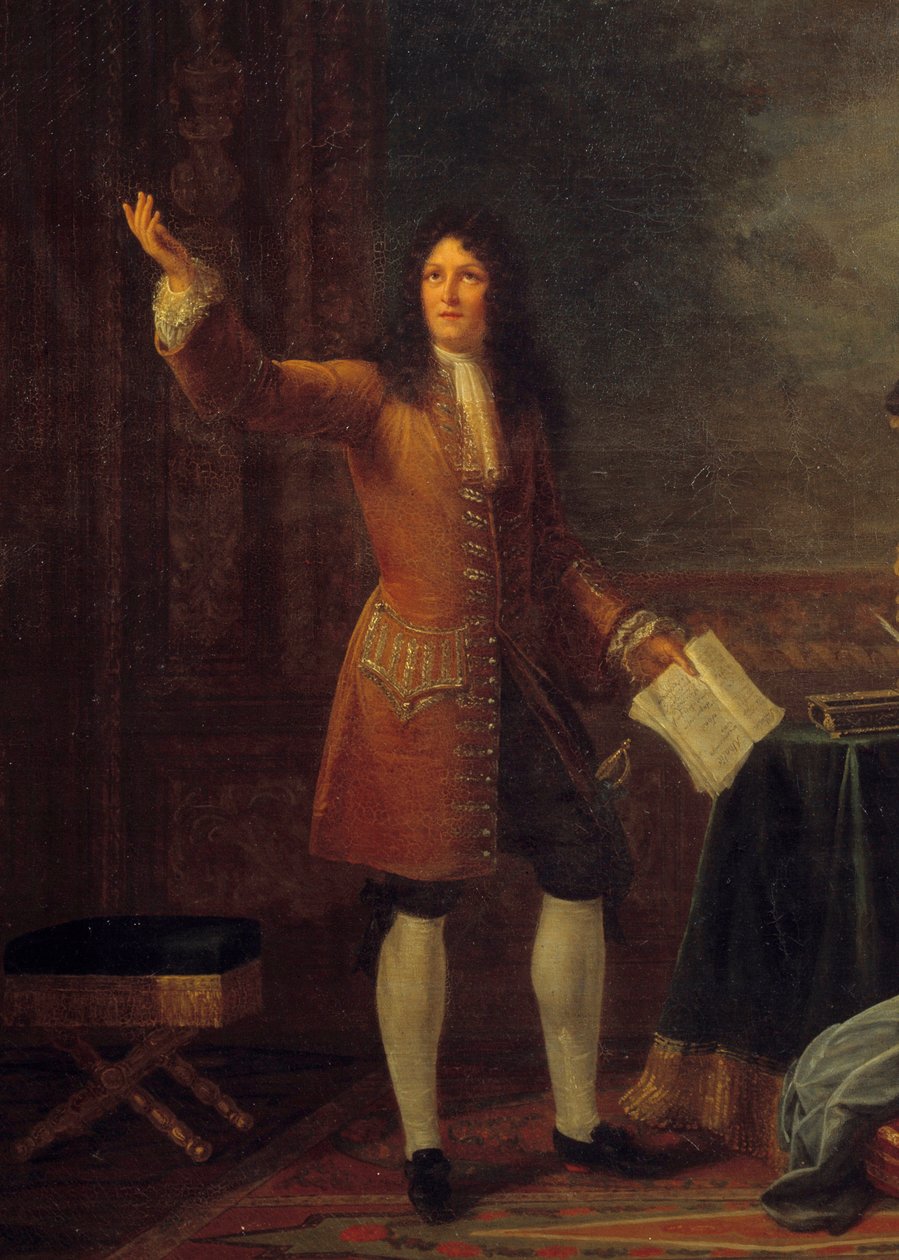 フランス国王の前で戯曲を読むジャン・ラシーヌ (1639-1699)。 ルイ14世（1638-1715）とフランソワーズ・ドービーニュ、マルキーズ（マダム）・ド・マンテノン（1635-1719）の前の絵画「「アタリー」を読むジャン・ラシーヌ（1639-1699）」の詳細。 Jによる絵画 作： ジュリーフィリポー