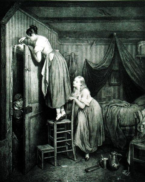 アルフォンス・レオン・ノエル（1807-84）が彫った「罰せられるノージー・パーカー」（版画） 作： ジュリアン（後）ヴァル・ド・ヴィルヌーヴ