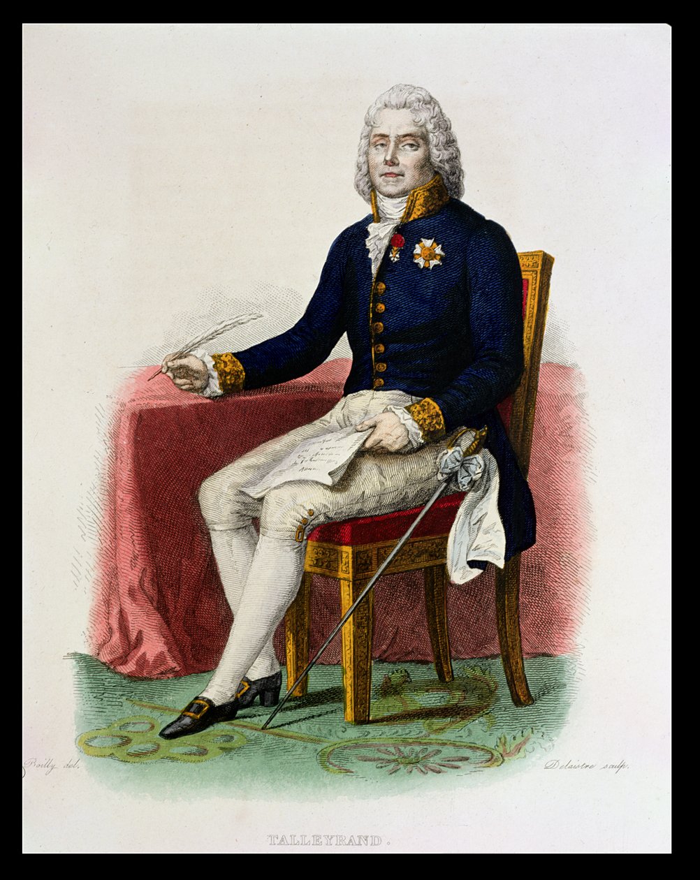 机に向かっているチャールズモーリスドゥタリランペリゴール（1754-1838）の肖像画、E。メネシェ作の「ルプルタルクフランセ」のイラスト、デライストレ作、1835年 作： ジュリアン・レオポルド・ボイリー