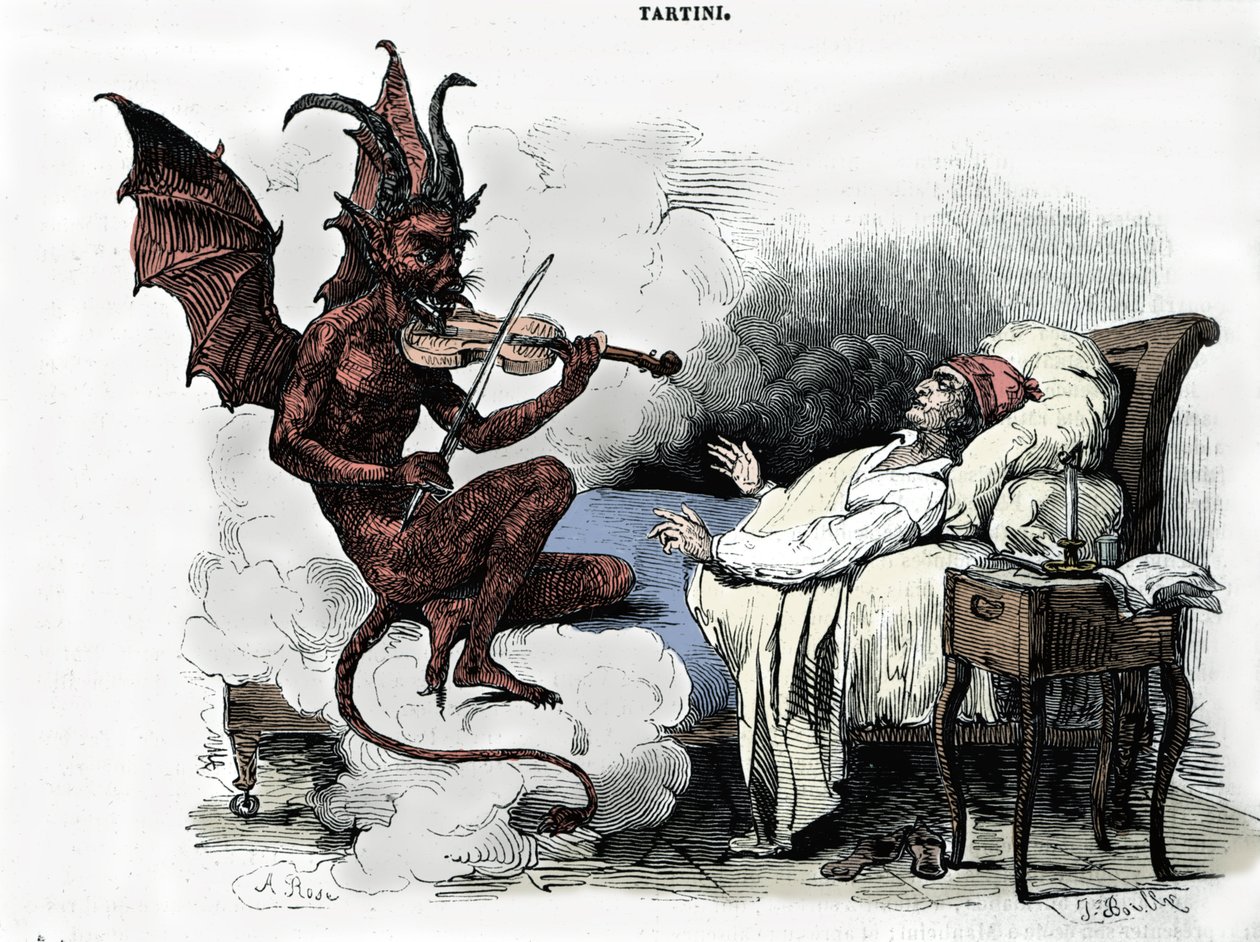 作曲家ジュゼッペ・タルティーニ（1692-1770）の夢：「Sonata des trilles du Diable」（ヴァイオリン・ソナタ ト短調）の中で、自分の魂の代償として悪魔と契約を結び、彼にヴァイオリンを託し、悪魔が演奏するという夢を見る。 作： ジュリアン・レオポルド・ボイリー