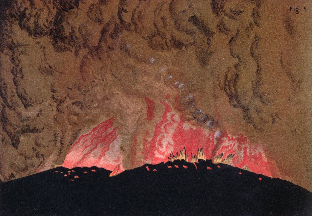 アフロエッサとゲオルギオスの溶岩は、サントリーニ火山の噴火中に流れます。アーティストによるエチュードシュルレボルカンのイラストは、ドラックとアーノルドによって彫刻されました（1881年） 作： ジュリアスまたはジュールシュミット