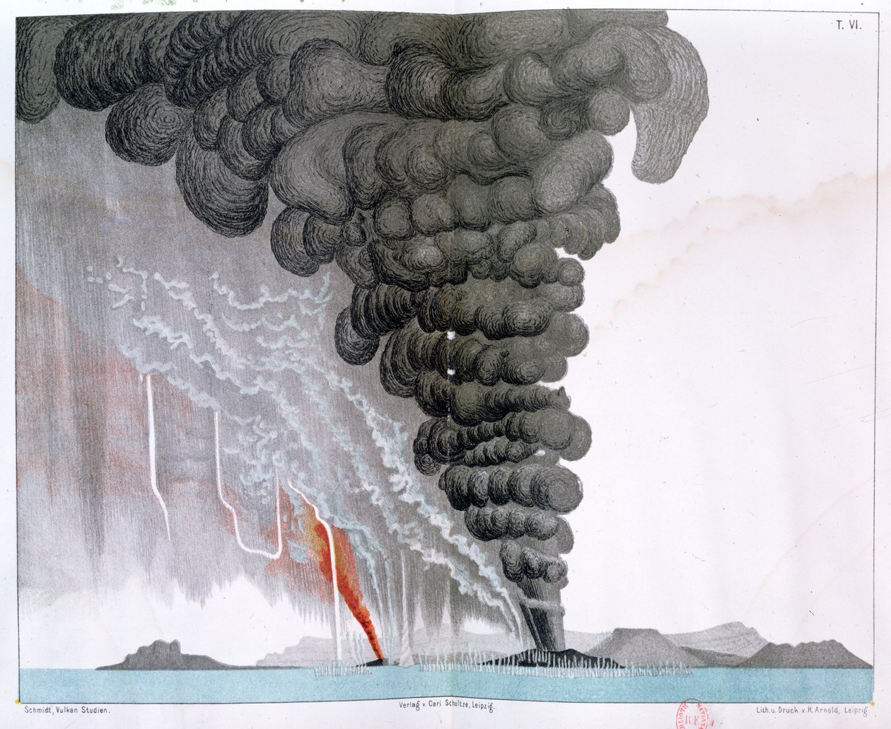 サントリーニ火山の噴火、アーティストによる「エチュードシュルレボルカン」のイラスト、1881年のDruckとArnoldによる彫刻 作： 