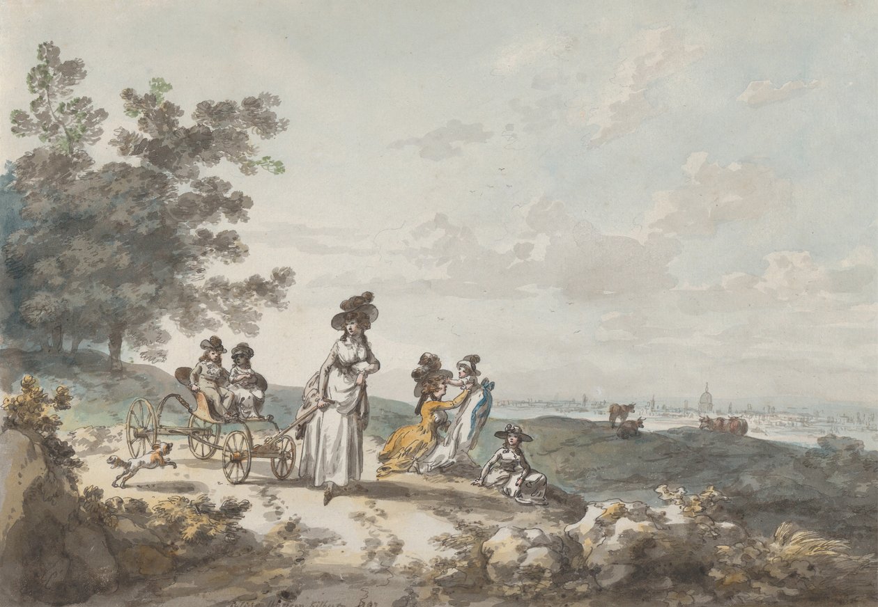 セント・ポールを遠景にしたロンドンの眺め。女性と子供、乳母車付き 1787年 作： ジュリアスシーザーイベットソン
