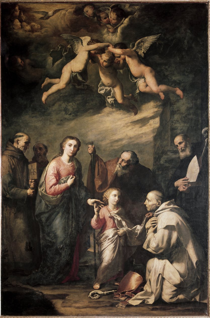 ケルンの聖ブルーノと他の聖人たちのいる聖家族 - The Holy Family with Saint Bruno of Cologne and other saints.リベラのホセ（ジュセペ）、ディット・ロ・スパグノレット（1591-1652）の絵 作： フセペ・デ・リベラ