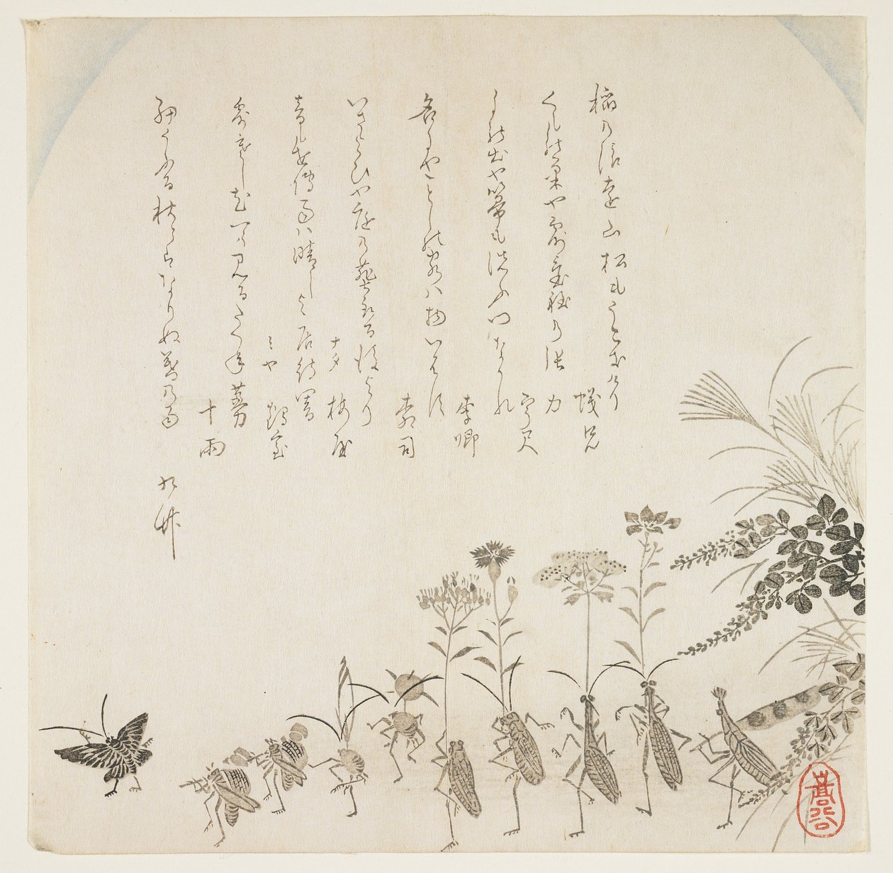 秋の花と歌う昆虫、1854-59年頃（木版画） 作： K II Skoku