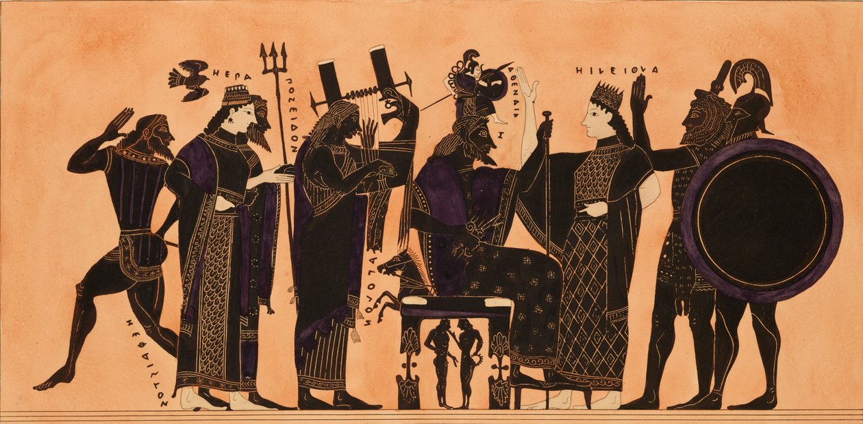 ヘファイストス、ヘラ、ポセイドン...を示すギリシャのアンフォラの装飾の版画、c1844。 作： Kaeppelin et Company