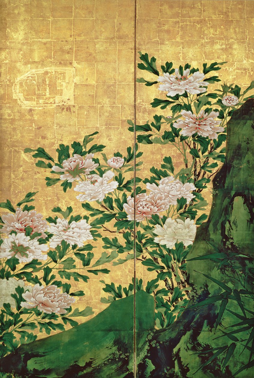 花の詳細（インク、色、紙の上の金） 作： 海ho油所