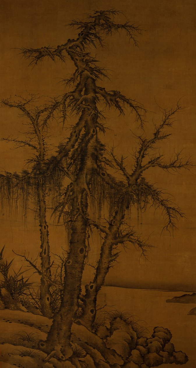 Árvores antigas, bambu e rochas, c.1300 (tinta sobre seda) 作： カン・リー