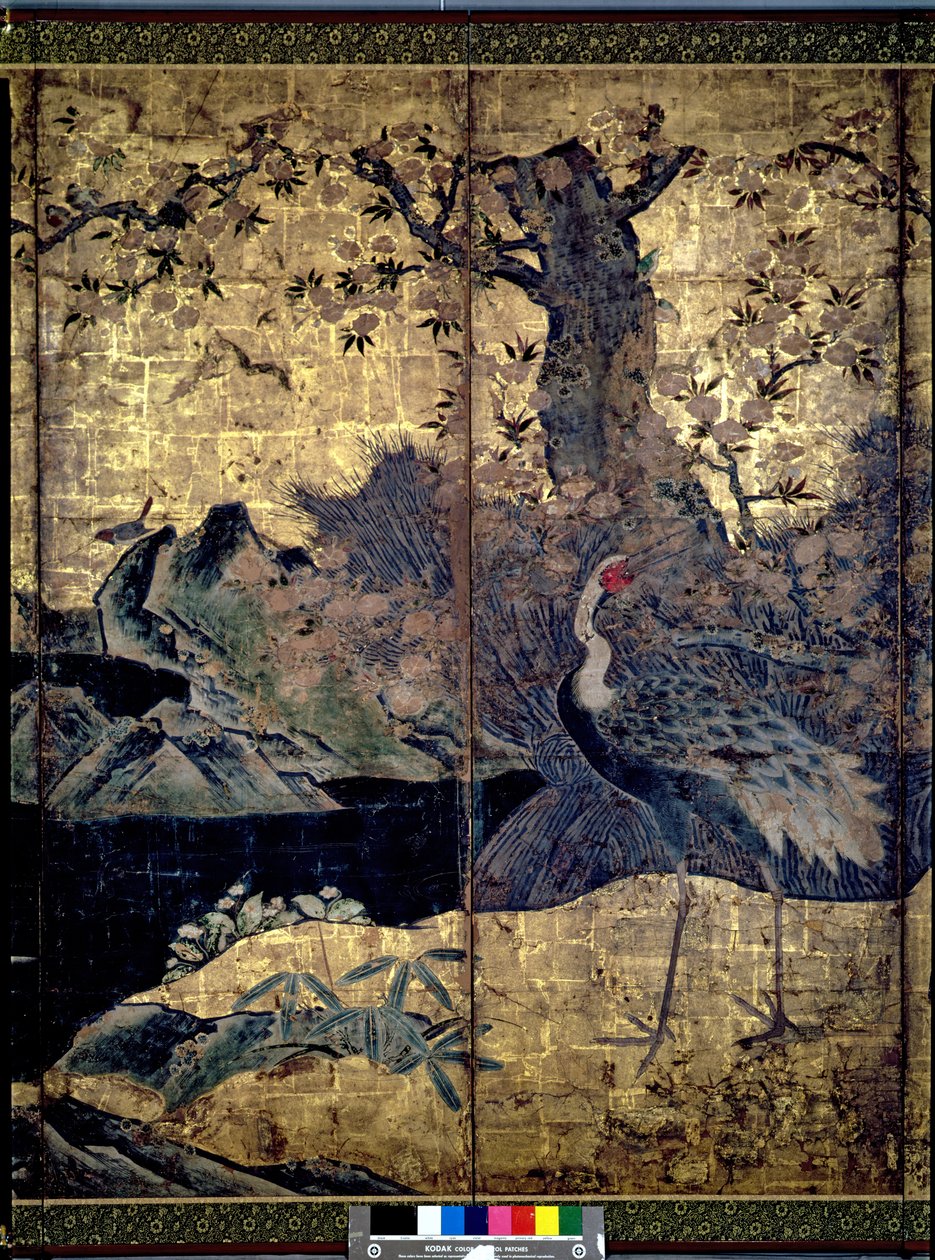 四季の鳥と花（ペンとインク、色、パネル上の金の紙）（216554、216556を参照） 作： 狩野草州