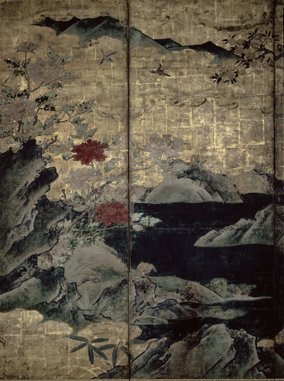 四季の鳥と花（ペンとインク、色、パネル上の金の紙）（216555、216556を参照） 作： 狩野草州