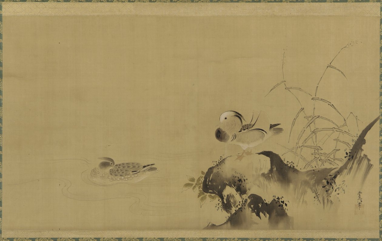 17世紀初頭から18世紀初頭にかけての江戸時代の風景の中のアヒル（絹にインクと色） 作： 狩野恒信