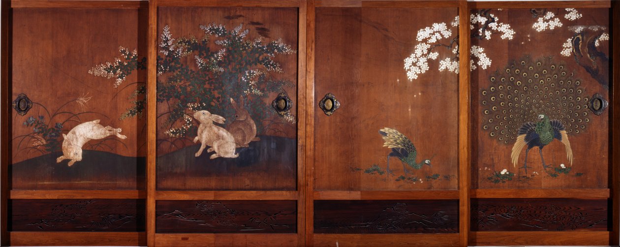木製の引き戸の絵画、1700年頃（木の上のインクとトイレ） 作： 狩野恒信