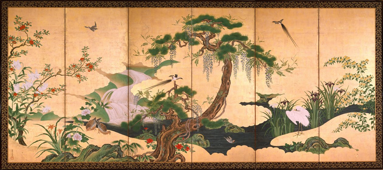 春と夏の鳥と花、17世紀の後半。 作： 狩野E乃