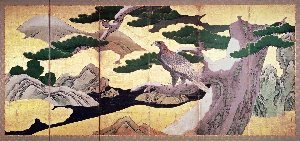 松のタカ、6パネルの屏風（ペンとインク、色、パネル上の金）（216561を参照） 作： 狩野栄徳