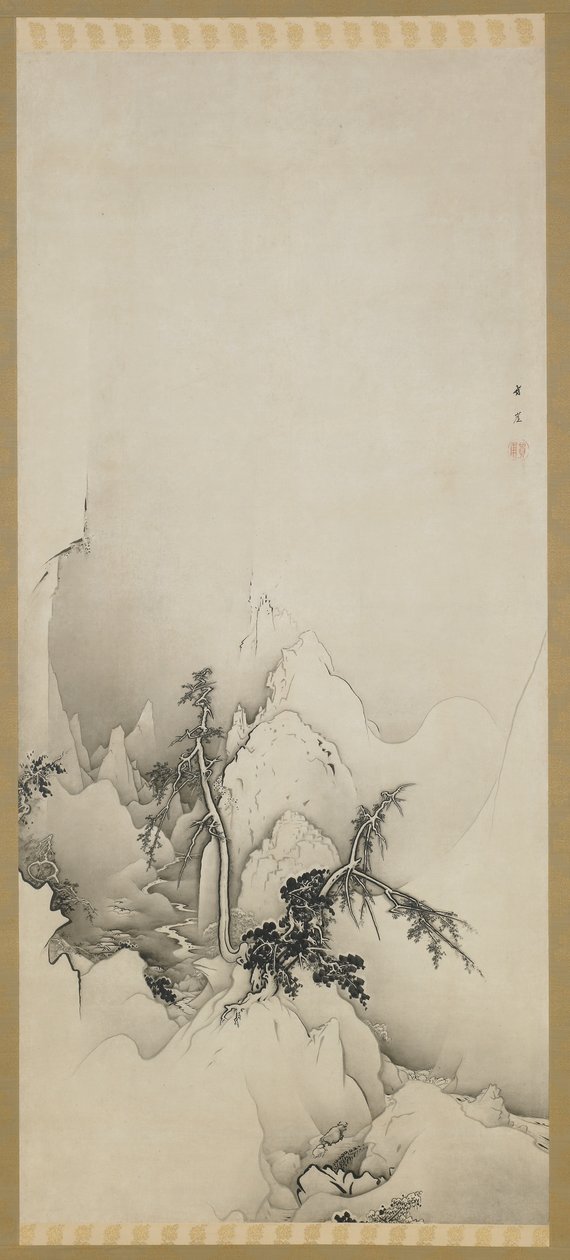 冬の風景：渓谷、江戸時代、1883年（紙にインク） 作： 狩野保貝