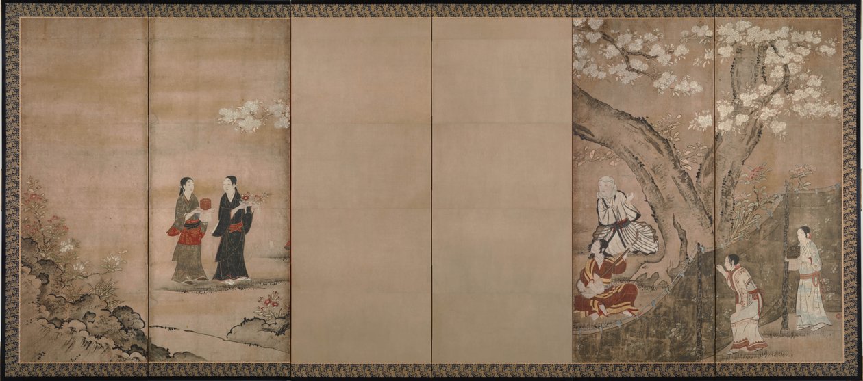 アロニアの花の下で楽しいひとときを。 六屏風一対右 18世紀 作： 狩野栄信長信