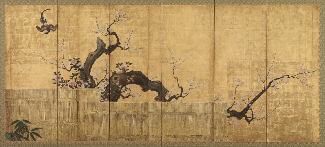 梅と椿の庭の風景、江戸時代、16世紀後半から17世紀初頭。 作： 狩野興以
