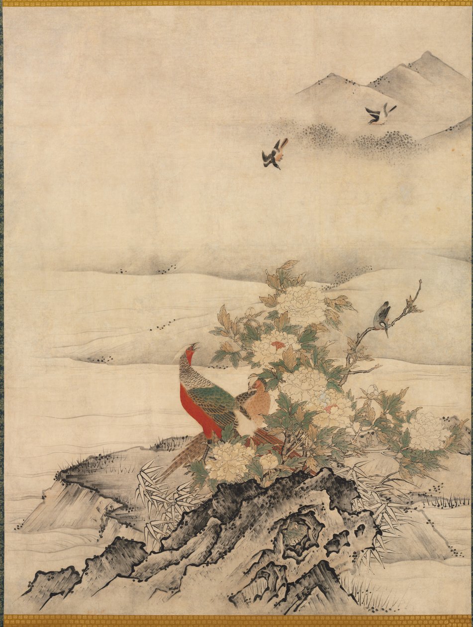 春の風景の中の花と鳥、1500年代。 作： 狩野元信