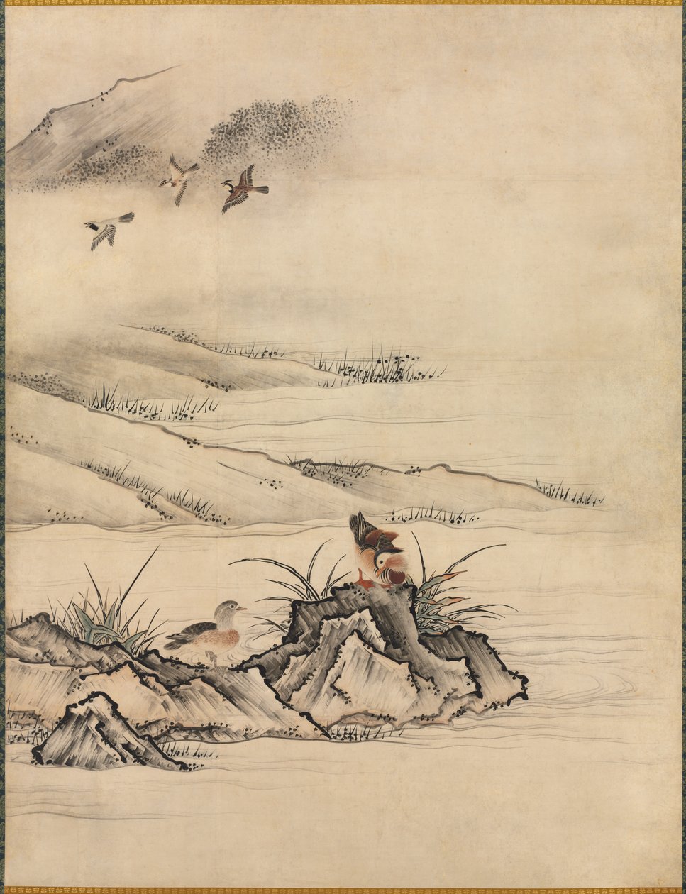 春の風景の中の花と鳥、1500年代。 作： 狩野元信