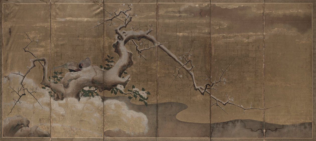 1600年代初頭の梅の木とキジの鳥のいる冬景色。 作： 狩野直信