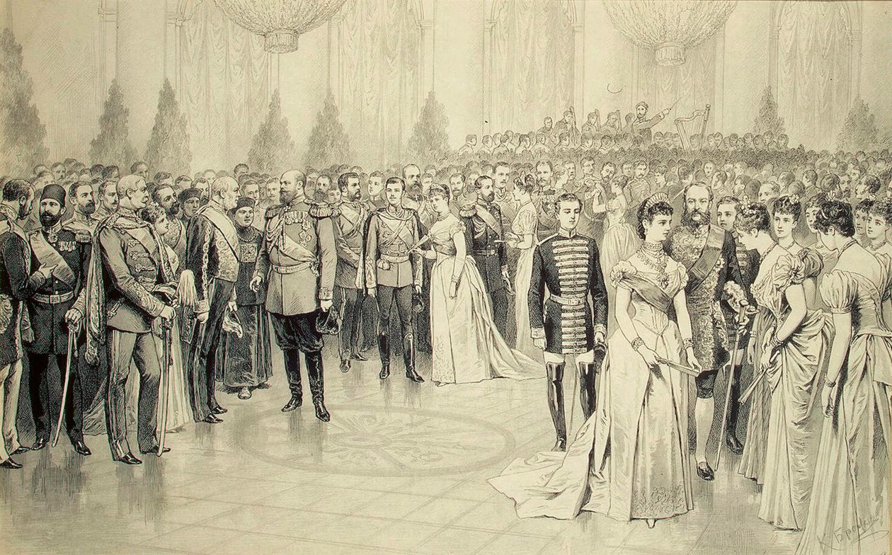 1880 年代、冬宮殿の聖ニコラス ホールの法廷舞踏会。 作： Karel Brozh