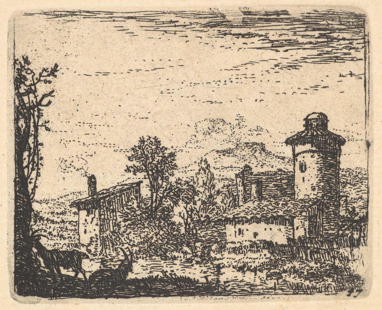 左手前の影に二頭の角山羊がいて、その奥に村の建物がある風景、1641～78年頃。 作： カレル・デュ・ジャルダン